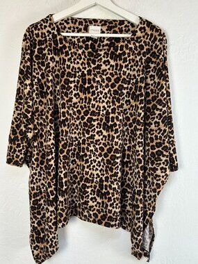 Chico's Womens Animal Print Oversized Boxy Top Size 1 Brown 3/4 Sleeve Stretch